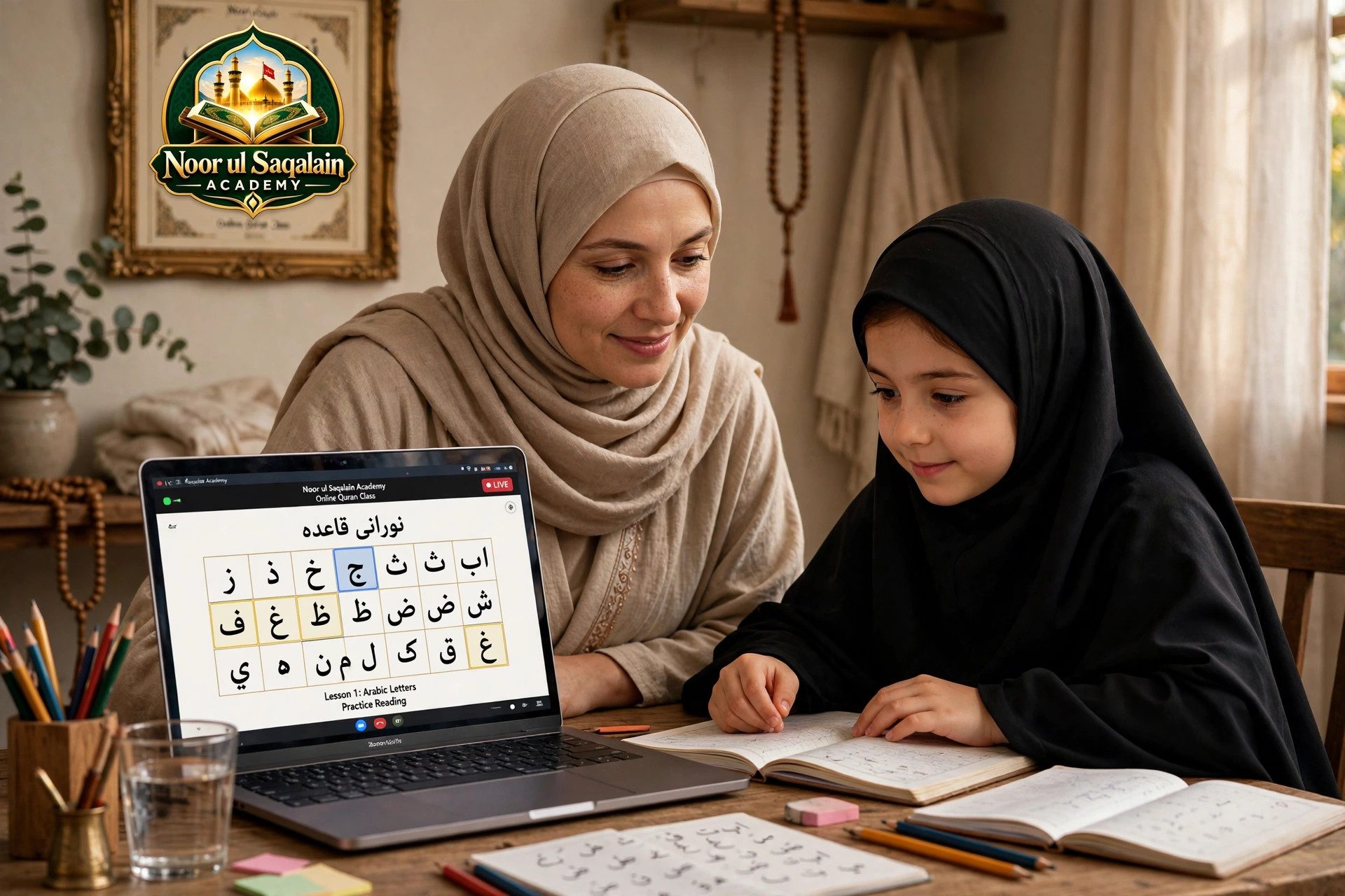 A hijabi mother and her daughter in a black Iranian-style chador taking an online Noorani Qaida lesson