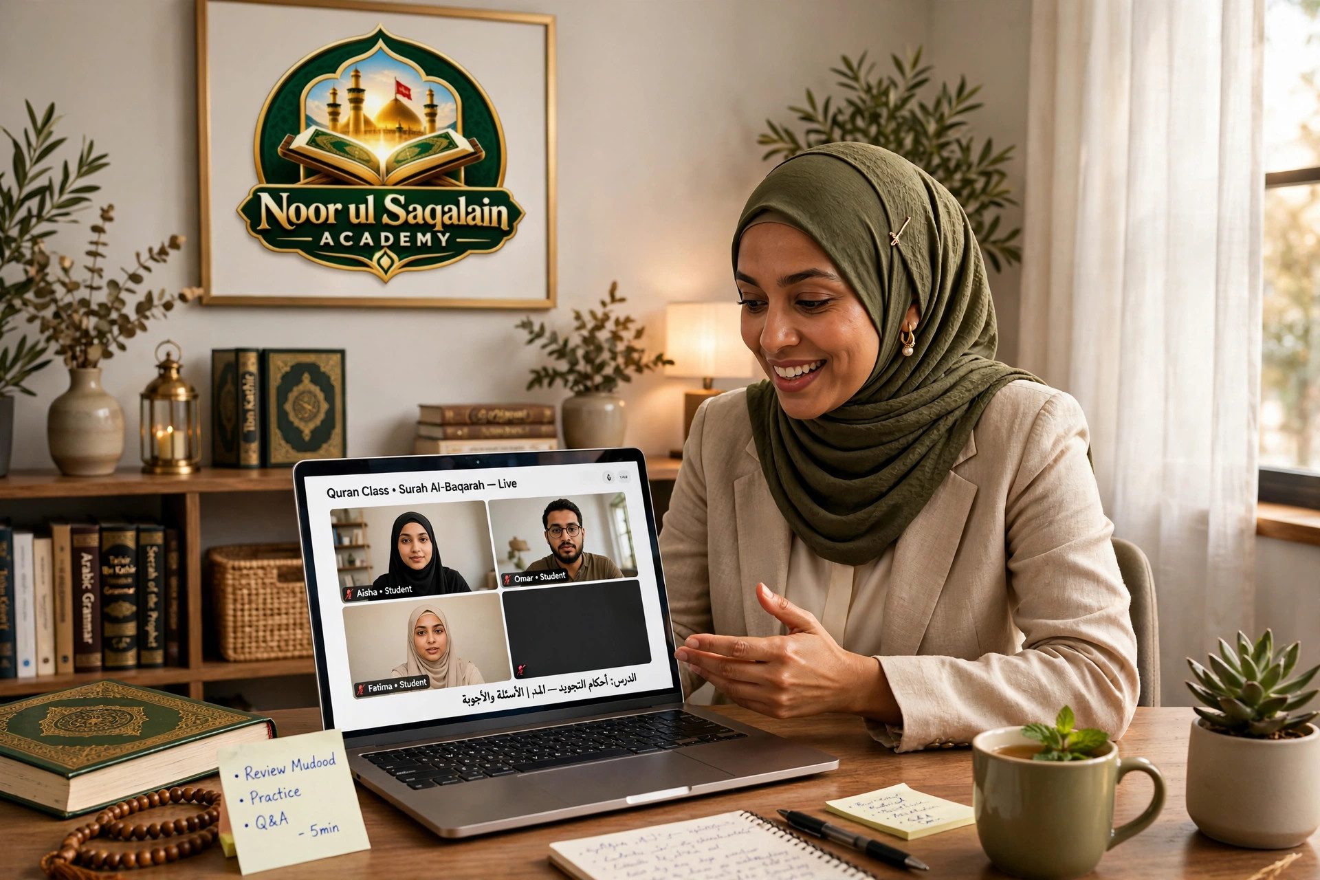 A hijabi Quran teacher leading a live online class from a professional office with the Noor ul Saqalain Academy logo